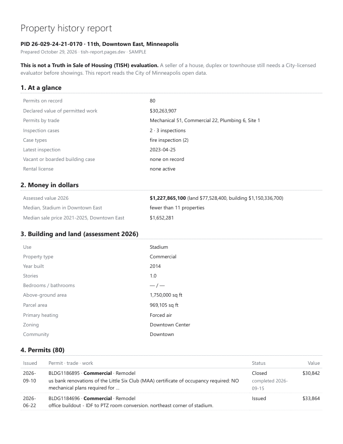 First page of the sample property history report